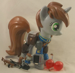 Size: 2993x2905 | Tagged: safe, artist:gryphyn-bloodheart, oc, oc only, oc:littlepip, pony, unicorn, fallout equestria, 3d print, brushable, clothes, customized toy, fanfic, female, gun, handgun, healing potion, health potion, high res, irl, jumpsuit, little macintosh, mare, photo, pipbuck, potion, revolver, saddle bag, solo, statuette, toy, vault suit, weapon, zebra rifle