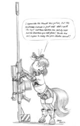 Size: 950x1483 | Tagged: safe, artist:baron engel, apple bloom, g4, bfg, boots, clothes, cosplay, costume, female, gun, monochrome, nightmare night costume, pencil drawing, rifle, shorts, sniper rifle, socks, solo, speech bubble, tengen toppa gurren lagann, text, thigh highs, traditional art, weapon, yoko littner