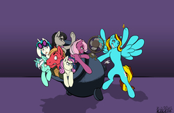 Size: 5100x3300 | Tagged: safe, artist:flyingram, big macintosh, bon bon, cheerilee, dj pon-3, lyra heartstrings, octavia melody, sweetie drops, vinyl scratch, oc, oc:ilovekimpossiblealot, earth pony, pony, unicorn, g4, bipedal, fan, fandom, fanon, female, group, lesbian, male, shipping, straight, youtuber