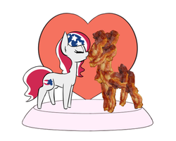 Size: 540x432 | Tagged: safe, artist:rice, oc, oc only, earth pony, food pony, original species, pony, bacon, duo, female, kissing, mare, ponified, shipping, united states