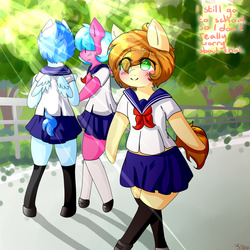 Size: 1280x1280 | Tagged: safe, artist:ask-sunny-day, oc, oc only, oc:blue flame, oc:cotton cloud, oc:sunny day, earth pony, pegasus, pony, semi-anthro, bipedal, clothes, school uniform