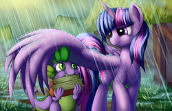Size: 2550x1650 | Tagged: safe, artist:grennadder, spike, twilight sparkle, alicorn, pony, g4, book, cute, duo, female, hnnng, large wings, mama twilight, mare, rain, spikelove, twilight sparkle (alicorn), wing umbrella, wings