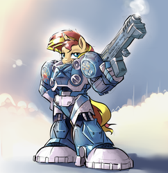 Size: 2758x2846 | Tagged: safe, artist:gsphere, sunset shimmer, unicorn, anthro, g4, crossover, female, high res, jim raynor, solo, starcraft, starcraft 2
