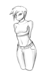 Size: 474x750 | Tagged: safe, artist:tipsie, artist:williamd, gilda, human, g4, belly button, belt, belt buckle, clothes, humanized, jeans, long sleeves, midriff, sketch