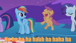 Size: 1054x592 | Tagged: safe, edit, edited screencap, screencap, rainbow dash, rarity, scootaloo, twilight sparkle, g4, owl's well that ends well, face, image macro, laughing, meme, orange text, twilight's tail