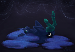 Size: 4000x2800 | Tagged: safe, artist:luvvandra, princess luna, g4, clothes, female, high res, legs in air, looking at you, on back, socks, solo