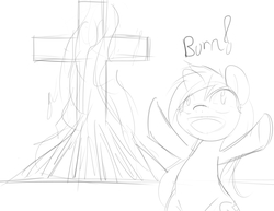 Size: 2501x1932 | Tagged: safe, artist:randy, oc, oc only, oc:aryanne, pony, angry, bipedal, black and white, bonfire, burning, cross, fire, for the glory of satan, grayscale, hooves in air, ku klux klan, kumamon, monochrome, open mouth, sketch, smiling, solo, wide eyes