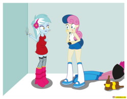 Size: 2714x2129 | Tagged: safe, artist:conikiblasu-fan, bon bon, lyra heartstrings, pinkie pie, sweetie drops, .mov, party.mov, equestria girls, g4, boots, bottle, cigarette, clothes, dress, equestria girls interpretation, female, fishnet stockings, high res, mary janes, miniskirt, pants, pregnant, pregnant equestria girls, scene interpretation, shoes, shorts, skirt, smoking, socks, teen pregnancy, thigh highs, thigh socks