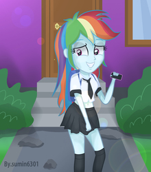 Size: 1500x1707 | Tagged: safe, artist:sumin6301, rainbow dash, equestria girls, g4, belly button, clothes, embarrassed, female, midriff, phone, school uniform, skirt, smartphone, solo