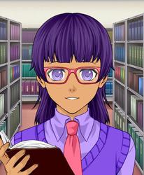 Size: 454x552 | Tagged: safe, artist:blob9001, twilight sparkle, human, g4, book, clothes, glasses, humanized, library, rinmarugames, schoolgirl, solo