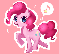 Size: 700x636 | Tagged: safe, artist:weiliy, pinkie pie, earth pony, pony, g4, cute, diapinkes, female, mare, music notes, open mouth, pink background, pixiv, simple background, smiling pinkie pie tolts left, solo