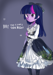 Size: 700x1000 | Tagged: safe, artist:weiliy, twilight sparkle, equestria girls, g4, alternate clothes, arm under breasts, baby the stars shine bright, blouse, bow, classic lolita, clothes, cute, dress, female, floating heart, frilly dress, gradient background, hair bow, heart, lolita fashion, petticoat, pixiv, socks, solo, standing, stockings, text, thigh highs, twiabetes