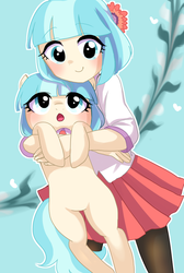 Size: 648x964 | Tagged: safe, artist:weiliy, coco pommel, earth pony, human, pony, g4, clothes, cocobetes, cute, daaaaaaaaaaaw, duality, hnnng, holding a pony, human ponidox, humanized, pantyhose, pixiv, self paradox, self ponidox, skirt, weapons-grade cute