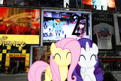 Size: 1200x800 | Tagged: safe, artist:jeatz-axl, artist:sairoch, artist:traindriver22, fluttershy, rainbow dash, rarity, human, pegasus, pony, unicorn, g4, ^^, billboard, disney, eyes closed, female, flying, irl, mare, new york city, photo, planet hollywood, ponies in real life, sign, street, the lion king, times square, vector