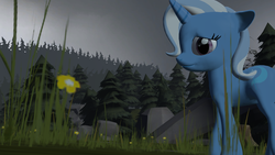 Size: 1920x1080 | Tagged: safe, artist:cider-crave, trixie, pony, unicorn, g4, 3d, female, flower, mare, rock, sad, smiling, source filmmaker, tree