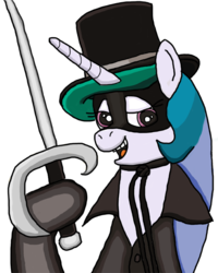 Size: 576x720 | Tagged: safe, artist:saburodaimando, princess celestia, g4, bedroom eyes, cape, clothes, female, hat, hoof hold, looking at you, mask, open mouth, rapier, smiling, solo, sword, top hat, weapon, zorro