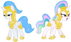 Size: 6000x3600 | Tagged: safe, artist:magister39, princess celestia, oc, oc:white flare, alicorn, pony, g4, absurd resolution, alicorn oc, armor, frown, glare, guardsmare, open mouth, royal guard, serious face, simple background, smirk, transparent background, vector