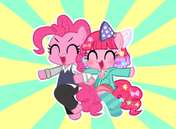 Size: 1023x748 | Tagged: safe, artist:momo, pinkie pie, g4, alternate hairstyle, bow, clothes, cute, diapinkes, duality, eyes closed, famihara, hair bow, open mouth, shirt, socks, vest