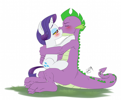 Size: 1200x994 | Tagged: safe, artist:pia-sama, edit, discord, rarity, spike, dragon, pony, unicorn, g4, bedroom eyes, blushing, character proxy, character to character, clopfic in source, eyes closed, hug, implied shipping, implied sparity, implied straight, kissing, male, older, rule 63, ship:dispike, shipping, sitting, straight, transformation, transgender transformation, when you see it, x was discord all along