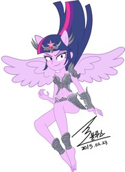 Size: 900x1238 | Tagged: safe, artist:bluse, twilight sparkle, equestria girls, g4, background removed, barefoot, belly button, evil grin, feet, female, midriff, sexy, show accurate, signature, simple background, solo, twilight sparkle (alicorn), unconvincing armor, white background