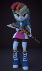 Size: 1440x2400 | Tagged: safe, artist:3d thread, artist:creatorofpony, rainbow dash, equestria girls, g4, 3d, 3d model, assault rifle, blender, boots, clothes, compression shorts, female, frown, gun, looking at you, m16, rainbow socks, rifle, shirt, skirt, socks, solo, striped socks, teenager, thousand yard stare, weapon, wristband