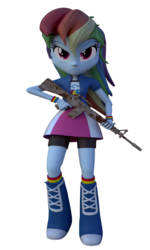 Size: 1440x2400 | Tagged: safe, artist:3d thread, artist:creatorofpony, rainbow dash, equestria girls, g4, 3d, 3d model, assault rifle, blender, boots, clothes, compression shorts, female, gun, looking at you, m16, rainbow socks, rifle, shirt, simple background, skirt, socks, solo, striped socks, thousand yard stare, transparent background, weapon, wristband