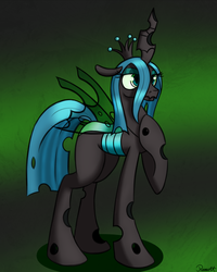 Size: 1200x1500 | Tagged: dead source, safe, artist:ramott, queen chrysalis, changeling, changeling queen, g4, crown, female, green background, jewelry, regalia, simple background, solo, transparent wings, wings