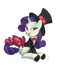 Size: 595x750 | Tagged: safe, artist:carnifex, rarity, g4, bow, bowtie, clothes, female, hat, lipstick, shoes, simple background, sitting, solo, tail bow, top hat, transparent background, tuxedo