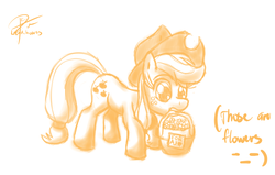 Size: 1729x1097 | Tagged: safe, artist:leadhooves, applejack, g4, basket, female, flower, monochrome, mouth hold, solo