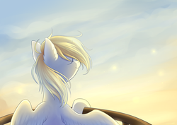 Size: 4092x2893 | Tagged: safe, artist:ghst-qn, derpy hooves, pegasus, pony, g4, eyes closed, female, railing, sky, smiling, solo, spread wings, wings