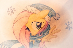 Size: 663x435 | Tagged: safe, artist:babel-the-butt, fluttershy, g4, clothes, female, hat, scarf, snow, snowfall, solo, traditional art