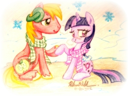 Size: 1024x768 | Tagged: safe, artist:babel-the-butt, big macintosh, twilight sparkle, earth pony, pony, g4, blushing, clothes, earmuffs, male, scarf, ship:twimac, shipping, stallion, straight, traditional art, winter
