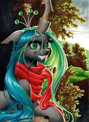 Size: 3128x4254 | Tagged: safe, artist:katputze, queen chrysalis, changeling, changeling queen, g4, clothes, crown, female, grin, high res, jewelry, looking at you, markers, regalia, scarf, smiling, solo, squee, traditional art
