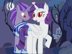 Size: 1024x772 | Tagged: safe, rarity, oc, oc:kydose, alicorn, bat pony, pony, g4, armor, bite mark, canon x oc, fangs, heart, love, raridose, shipping