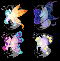 Size: 1884x1919 | Tagged: safe, artist:fuyusfox, derpy hooves, princess cadance, princess celestia, princess luna, breezie, g4, breeziefied, race swap