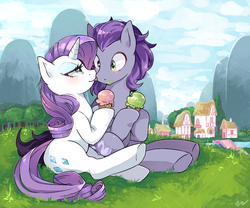 Size: 1024x853 | Tagged: safe, artist:mandycabral, rarity, oc, oc:kydose, pegasus, pony, unicorn, g4, bedroom eyes, canon x oc, cute, female, ice cream, licking, love, male, ponyville, raridose, shipping, straight