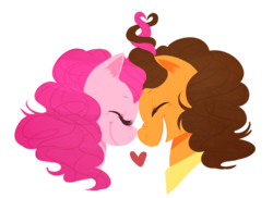 Size: 1000x726 | Tagged: safe, artist:toothianafairy, cheese sandwich, pinkie pie, pony, g4, bust, duo, eyes closed, female, heart, intertwined manes, male, ship:cheesepie, shipping, straight