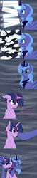 Size: 1024x4910 | Tagged: safe, artist:tlatophat, princess luna, twilight sparkle, alicorn, pony, unicorn, g4, alternate hairstyle, alternate universe, ask, comic, magic, sketchbook twilight, tumblr