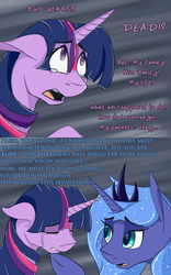 Size: 1024x1638 | Tagged: safe, artist:tlatophat, princess luna, twilight sparkle, alicorn, pony, unicorn, g4, alternate hairstyle, alternate universe, ask, comic, crying, sketchbook twilight, tumblr