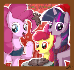 Size: 977x928 | Tagged: safe, artist:the-butch-x, apple bloom, pinkie pie, twilight sparkle, earth pony, pony, unicorn, g4, christmas, clothes, cookie, gingerbread man, hat, santa hat, scarf, tongue out, trio, unicorn twilight
