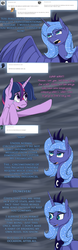 Size: 1024x3276 | Tagged: safe, artist:tlatophat, princess luna, twilight sparkle, alicorn, pony, unicorn, g4, alternate hairstyle, alternate universe, ask, comic, sketchbook twilight, tumblr