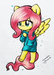 Size: 1094x1502 | Tagged: safe, artist:gummigator, fluttershy, anthro, g4, chibi, clothes, female, solo, sweatershy, traditional art
