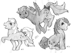 Size: 1547x1137 | Tagged: safe, artist:8-bitwatermelon, bubbles (g1), lickety-split, medley, g1, monochrome, traditional art