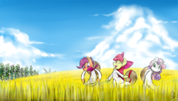Size: 3000x1700 | Tagged: safe, artist:phuocthiencreation, apple bloom, scootaloo, sweetie belle, g4, angry, ao dai, bipedal, blushing, clothes, cloud, cutie mark crusaders, scootaloo is not amused, sky, unamused, vietnam