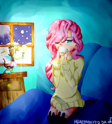 Size: 1100x1218 | Tagged: safe, artist:manjarcito, fluttershy, human, g4, clothes, discord lamp, female, humanized, solo, sweater, sweatershy