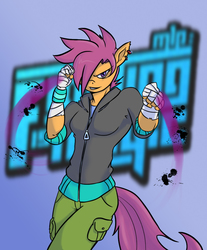 Size: 926x1116 | Tagged: safe, artist:robothehoobo, scootaloo, anthro, fighting is magic, g4, arm wraps, athletic tape, badass, clothes, earring, equestria girls outfit, female, fighterloo, hand wraps, hoodie, older, piercing, solo