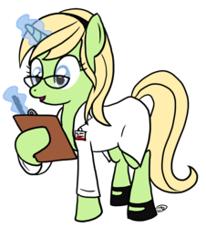 Size: 1000x1107 | Tagged: safe, artist:the-kinetic, pony, unicorn, clipboard, clothes, crossover, female, glasses, glowing, glowing horn, gwen stacy, horn, lab coat, male, marvel, nurse, ponified, simple background, spider-man, transparent background