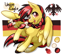 Size: 900x780 | Tagged: safe, artist:taritoons, oc, oc only, oc:union eagle, pegasus, pony, 2015, blushing, braid, cute, deutsch, germany, looking at you, nation ponies, open mouth, raised hoof, reference sheet, simple background, smiling, solo, spread wings, transparent background, unshorn fetlocks