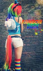 Size: 631x1032 | Tagged: safe, artist:yeonlang, rainbow dash, human, g4, back, black underwear, bra strap, clothes, cosplay, irl, irl human, midriff, photo, rainbow socks, shorts, socks, striped socks, tank top, underwear