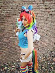 Size: 774x1032 | Tagged: safe, artist:yeonlang, rainbow dash, human, g4, black underwear, bra strap, clothes, cosplay, irl, irl human, midriff, photo, rainbow socks, socks, striped socks, tank top, underwear